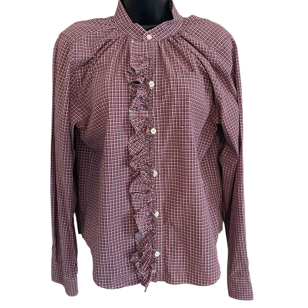 KMJ Kate McHale Jensen Demi Fit Ruffle Front Shirt Women Sz Small Burgundy Check - Picture 1 of 3